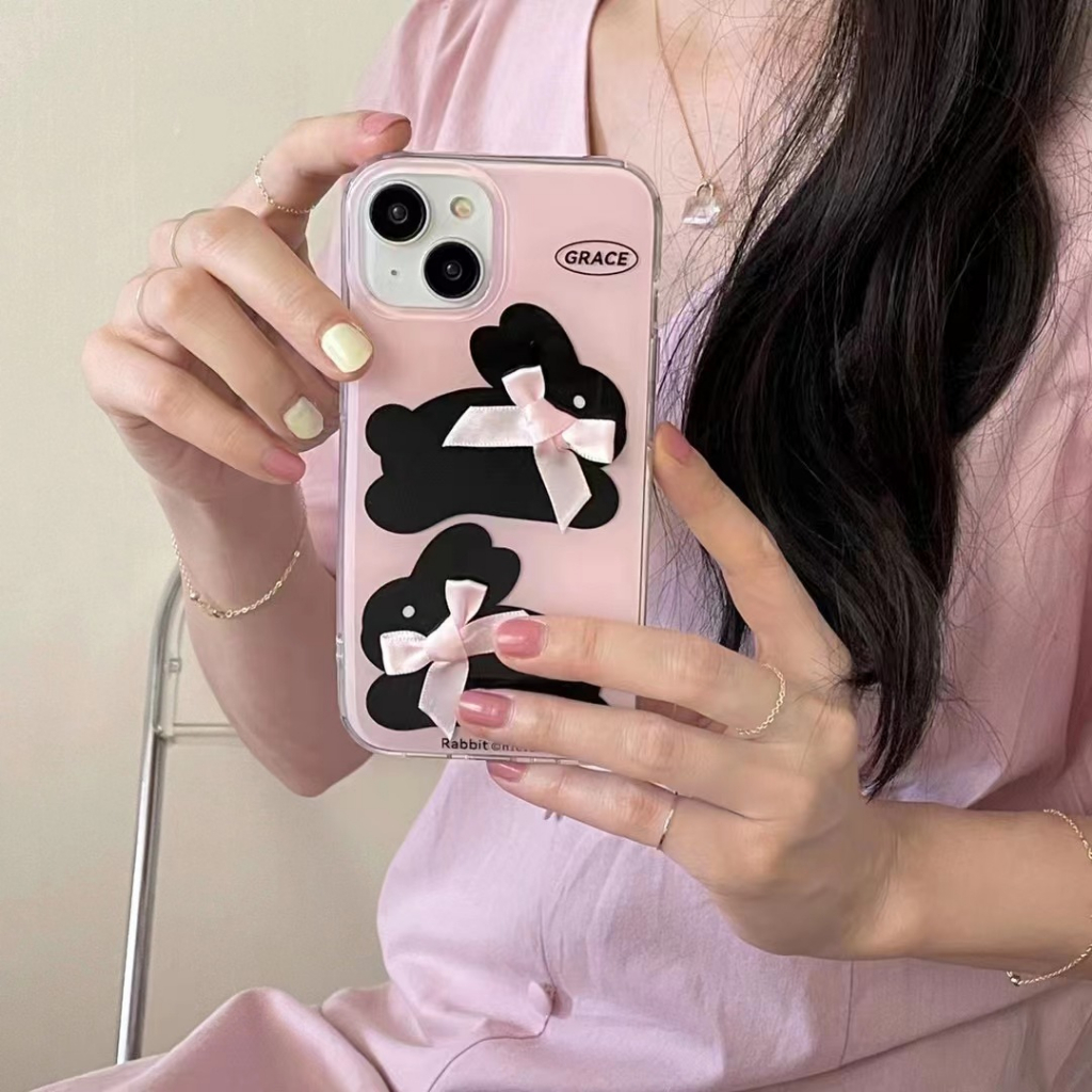Ốp Điện Thoại Tpu Mềm Họa Tiết Thỏ Thắt Nơ Màu Đen Cho iPhone 14 14promax 14pro 12pro 13pro 11tpu