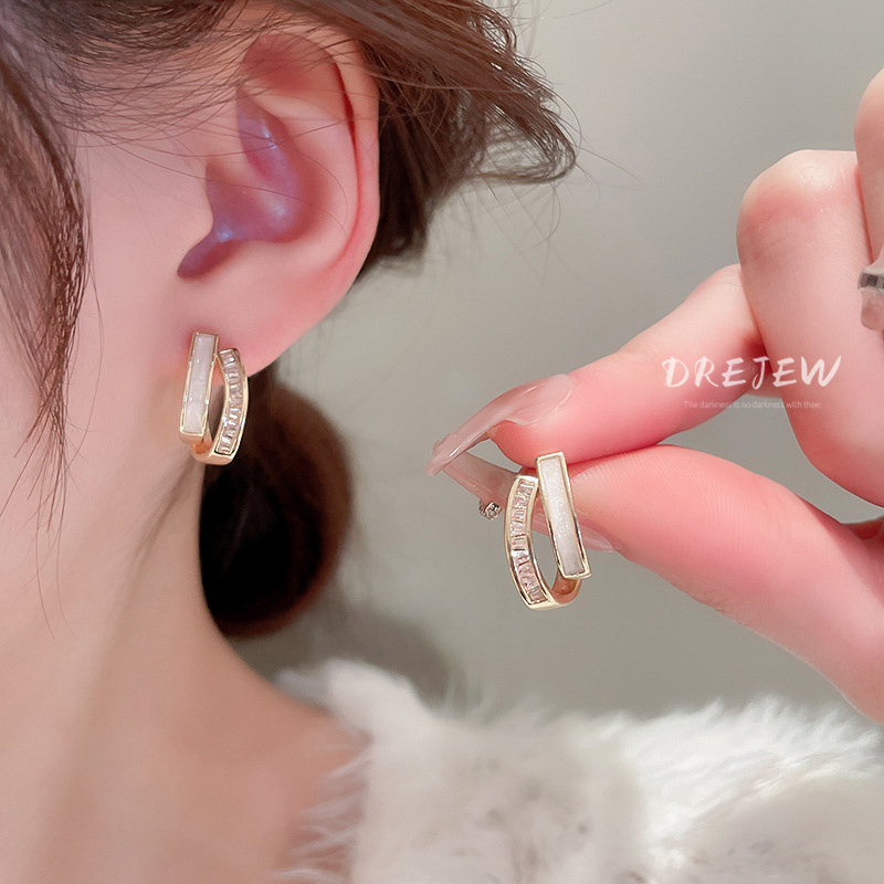 DREJEW Khuyên tai chữ C mạ vàng / bạc đính đá zircon lấp lánh thời trang cho nữ