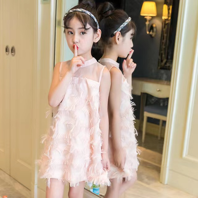 Đầm Công Chúa Màu Trơn Phối Lưới Thoáng Khí Đính Lông Vũ Thời Trang Cho Bé Gái 2023