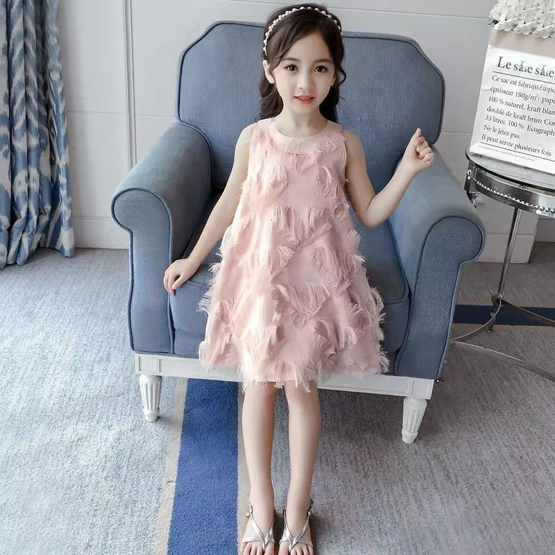 Đầm Công Chúa Màu Trơn Phối Lưới Thoáng Khí Đính Lông Vũ Thời Trang Cho Bé Gái 2023