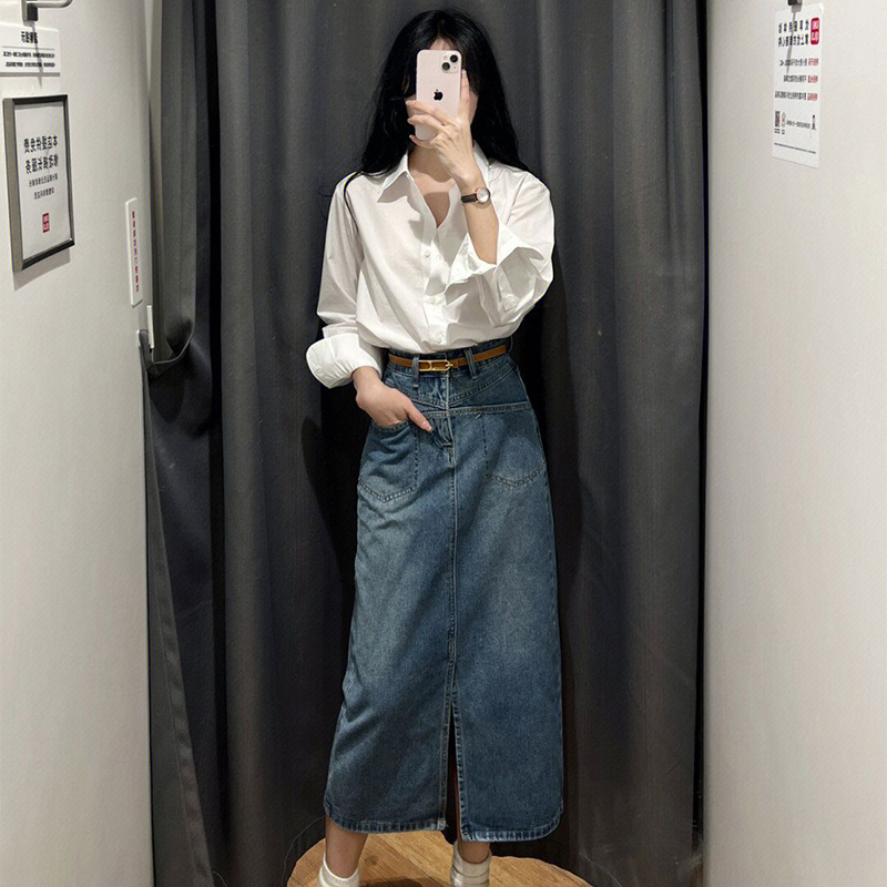Bộ Áo Sơ Mi Trắng Phối Chân Váy Denim Kiểu Hồng Kông Thời Trang Mùa Hè Năng Động