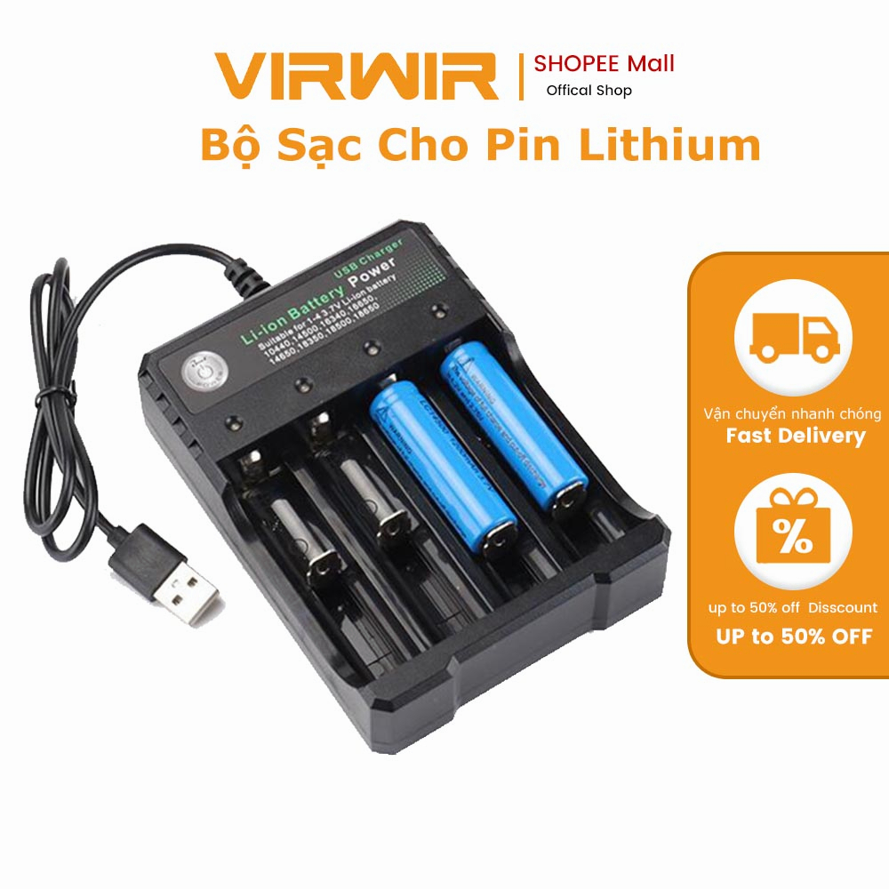 Bộ sạc VIRWIR 2/ 4 ngăn cho pin Lithium Li-ion AA AAA 18650 18500 16340 14500 26650
