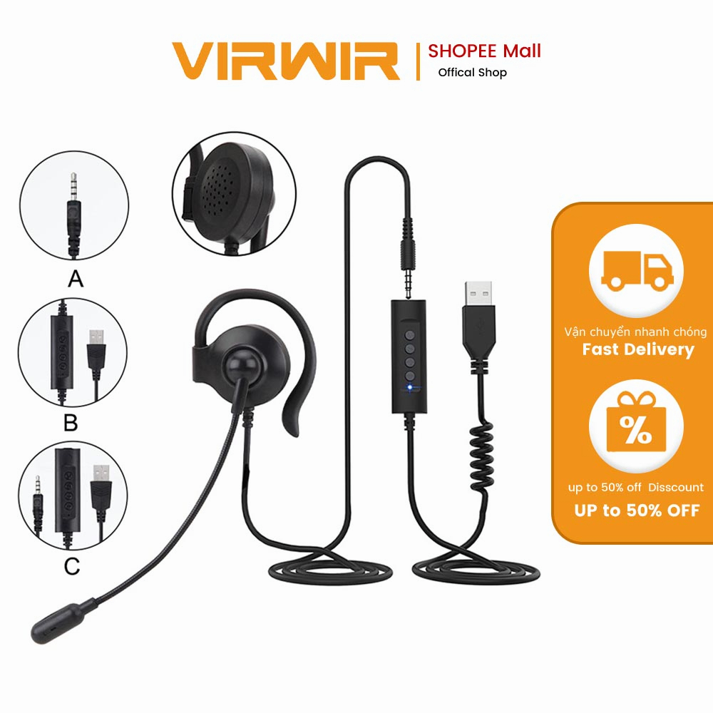 Tai nghe chụp tai VIRWIR chống ồn có dây USB dành cho máy tính bàn/ laptop