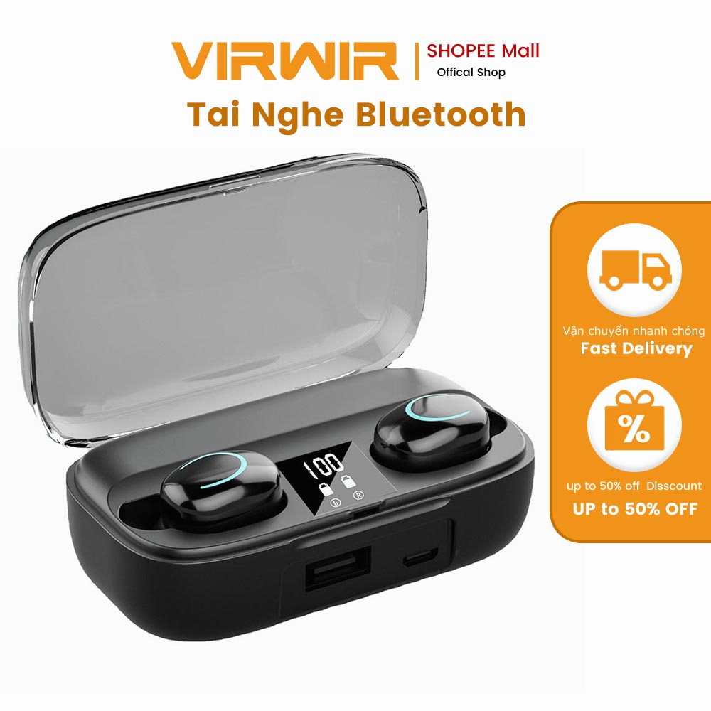 Tai nghe bluetooth VIRWIR không dây TWS chống nước giảm tiếng ồn kèm hộp sạc chuyên dụng