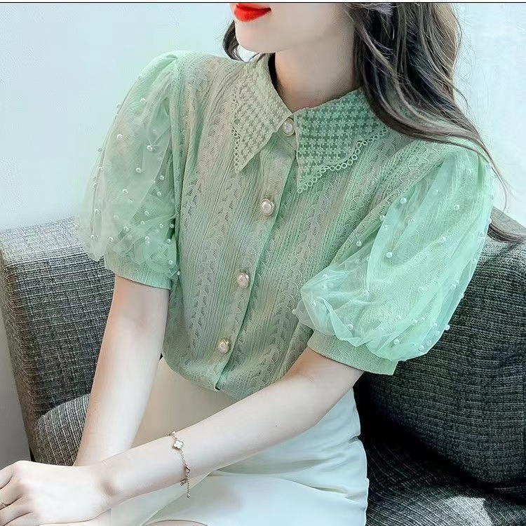 Áo Kiểu Tay Phồng Cổ Bẻ Phối Ren Dáng Rộng Thời Trang Hàn Quốc Xinh Xắn Cho Nữ