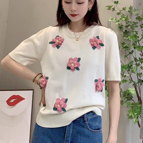 Áo Dệt Kim Ngắn Tay Thêu Hoa Phong Cách Hàn Quốc Cho Nữ