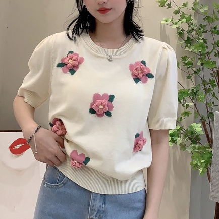 Áo Dệt Kim Ngắn Tay Thêu Hoa Phong Cách Hàn Quốc Cho Nữ