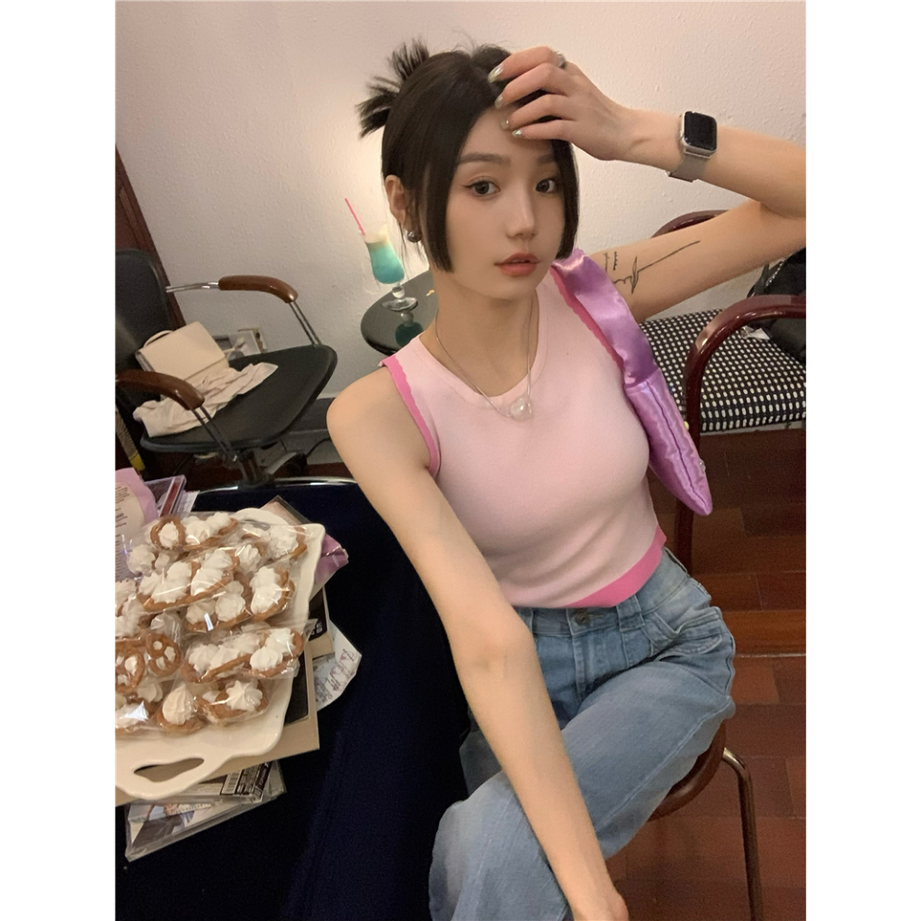 「MOTEL7」 Áo Sweater Dệt Kim Hai Dây Dáng Ngắn Ôm Sát Màu Hồng Trơn Phong Cách Desire Hot Cho Nữ