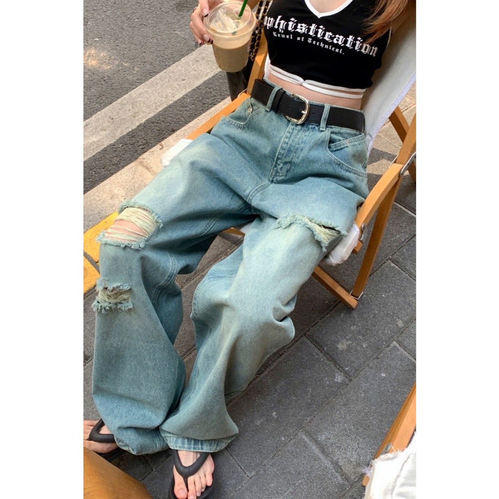 「MOTEL7」Quần Denim Dài Rách Lưng Cao Phong Cách Retro Thường Ngày Cho Nữ
