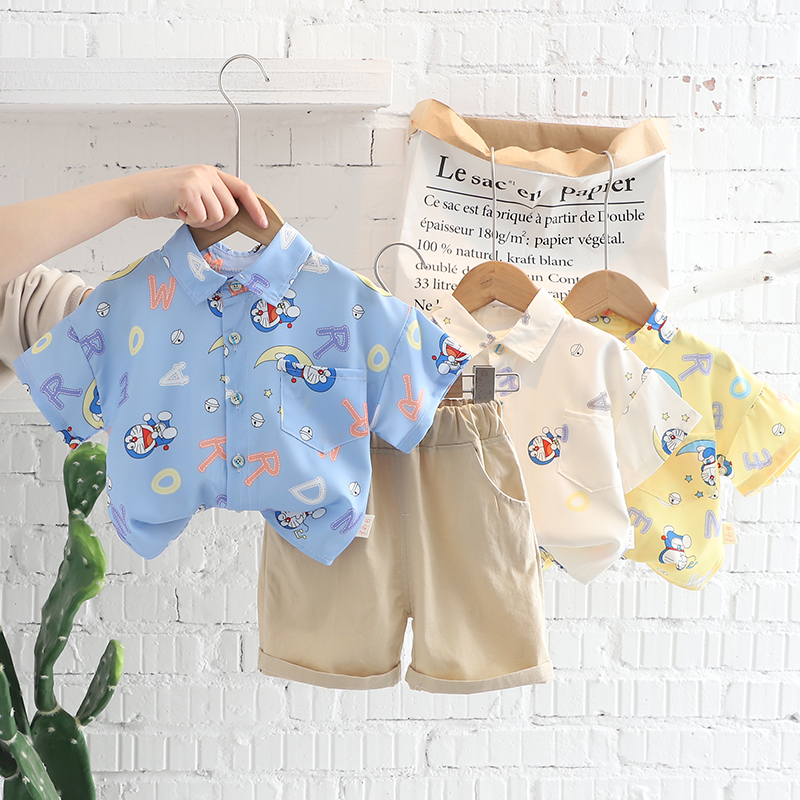 Bộ Áo Sơ Mi Tay Ngắn + Quần Short Cotton In Họa Tiết Hoạt Hình Doraemon Thời Trang Mùa Hè Cho Bé Kích Thước 80-120cm
