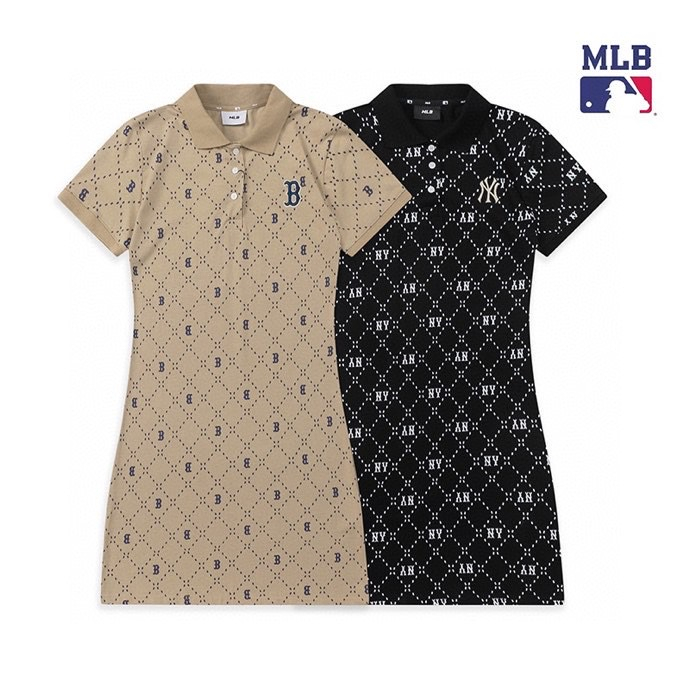 ❤❀  ❤ Mới Đầm Cotton Ngắn Tay Cổ Polo Thêu Họa Tiết MLB NY Thời Trang