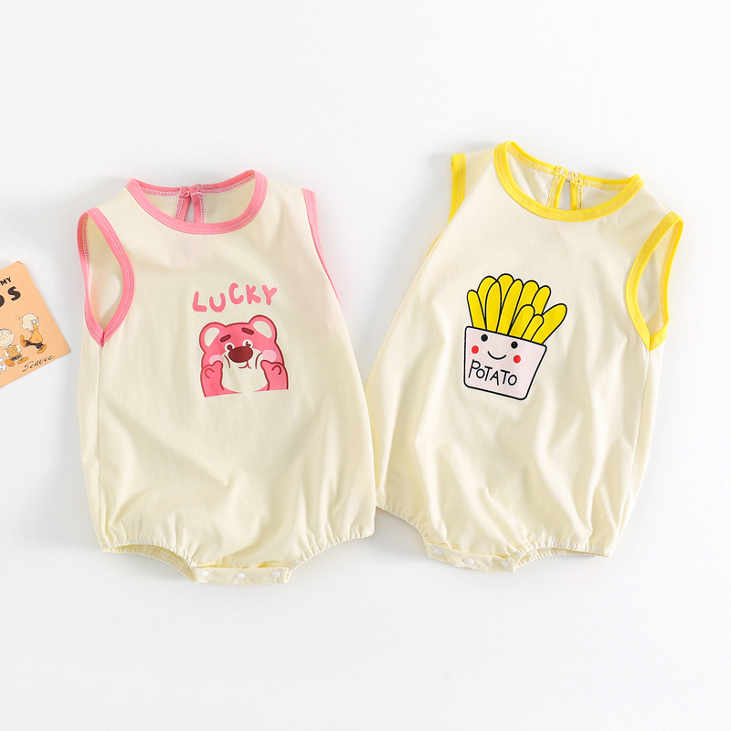 Áo Liền Quần Sát Nách Bằng Vải Cotton Thoáng Khí In Họa Tiết Hoạt Hình Đơn Giản Thời Trang Mùa Hè Cho Bé Gái 0-1 Tuổi