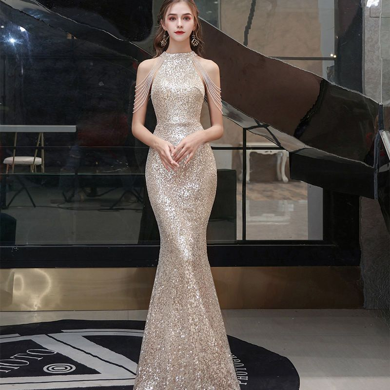 Đầm Đuôi Cá Dự Tiệc Hai Dây Dáng Dài Đính Kim Sa Lấp Lánh Gợi Cảm Hàng Năm Mới