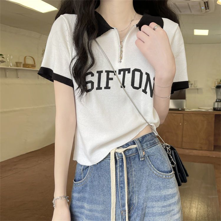 ZHELIHANGFEI Áo len dệt kim POLO cổ áo ngắn tay eo cao gợi cảm