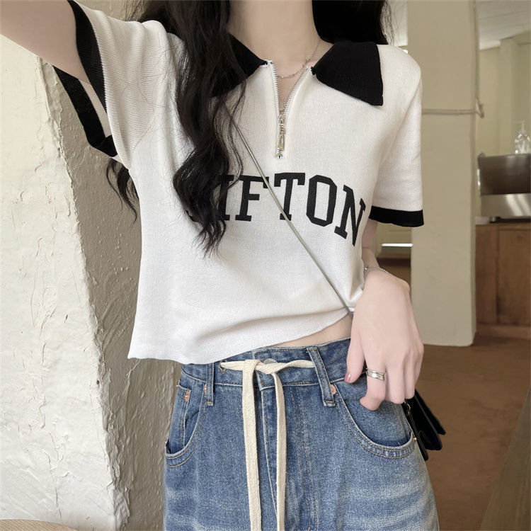 ZHELIHANGFEI Áo len dệt kim POLO cổ áo ngắn tay eo cao gợi cảm