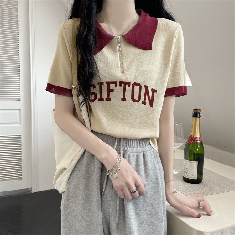 ZHELIHANGFEI Áo len dệt kim POLO cổ áo ngắn tay eo cao gợi cảm