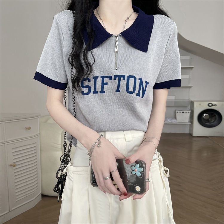 ZHELIHANGFEI Áo len dệt kim POLO cổ áo ngắn tay eo cao gợi cảm