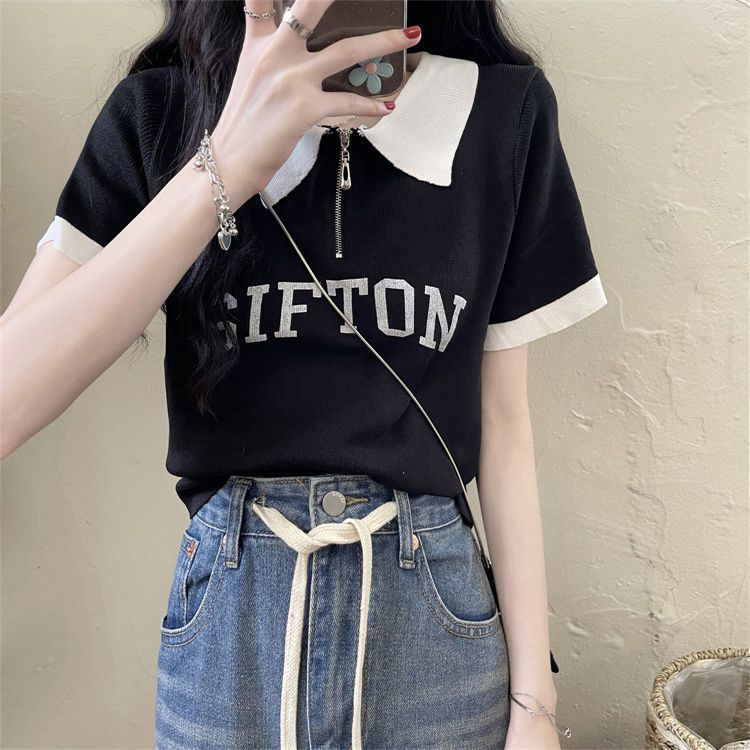 ZHELIHANGFEI Áo len dệt kim POLO cổ áo ngắn tay eo cao gợi cảm