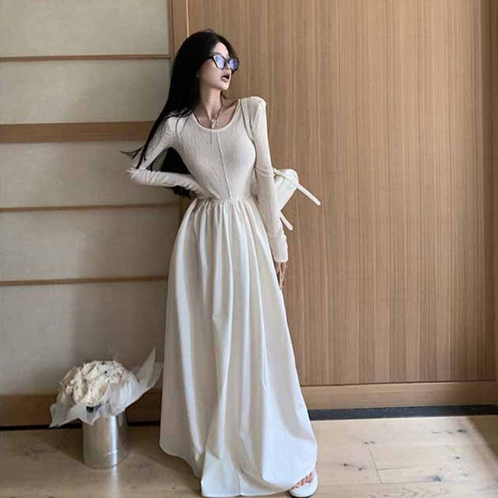 Đầm Dài Chữ a Tay Dài Cổ Tròn Màu Đen Thời Trang Mùa Thu Quyến Rũ Cho Nữ