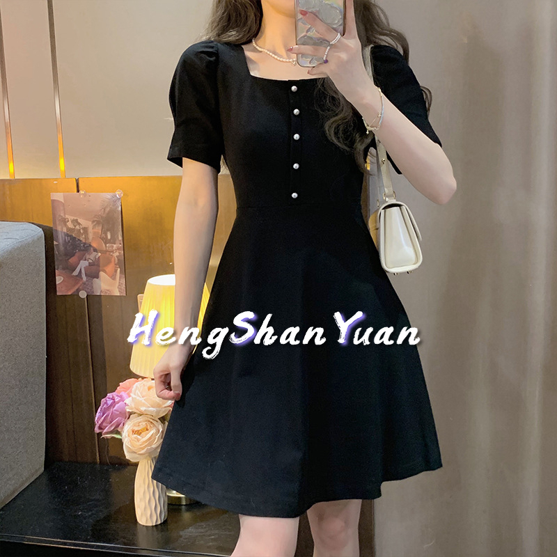 Đầm nữ HENG SHAN YUAN cổ vuông màu đen phong cách Pháp thời trang mùa hè xinh xắn
