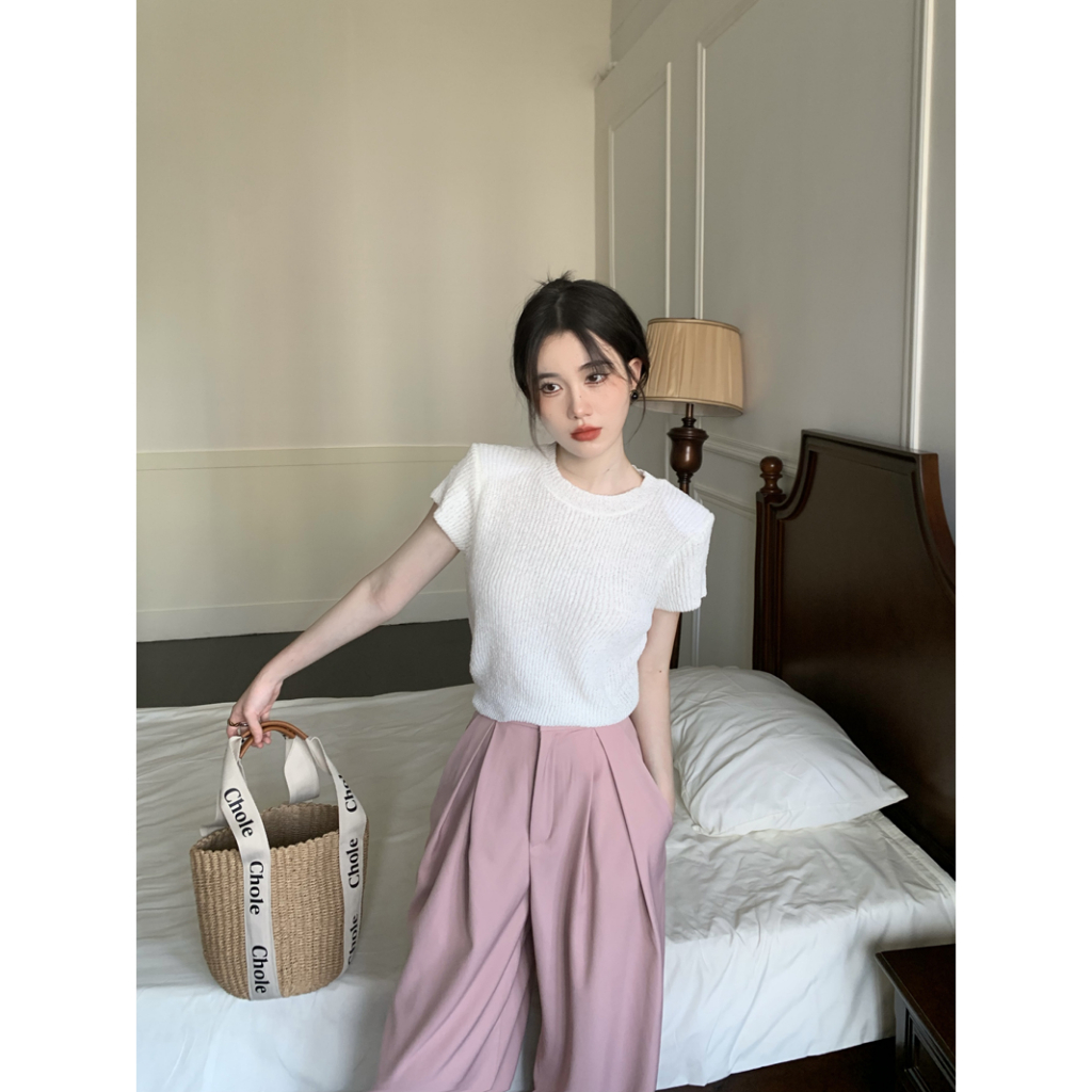 Lalisas Áo Thun Tay Ngắn Dệt Kim Màu Trơn Đơn Giản Thời Trang Hàn Quốc Cho Nữ