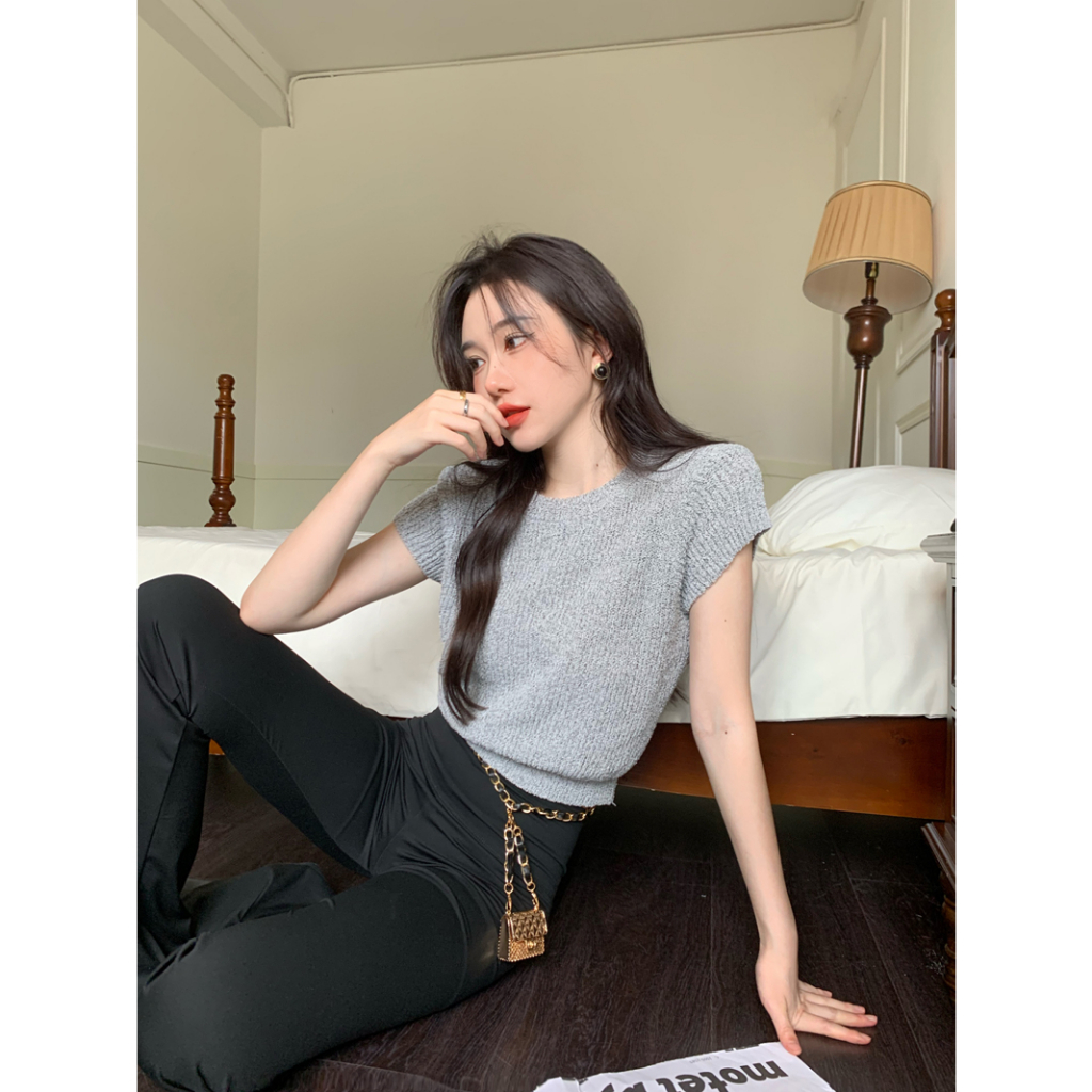 Lalisas Áo Thun Tay Ngắn Dệt Kim Màu Trơn Đơn Giản Thời Trang Hàn Quốc Cho Nữ