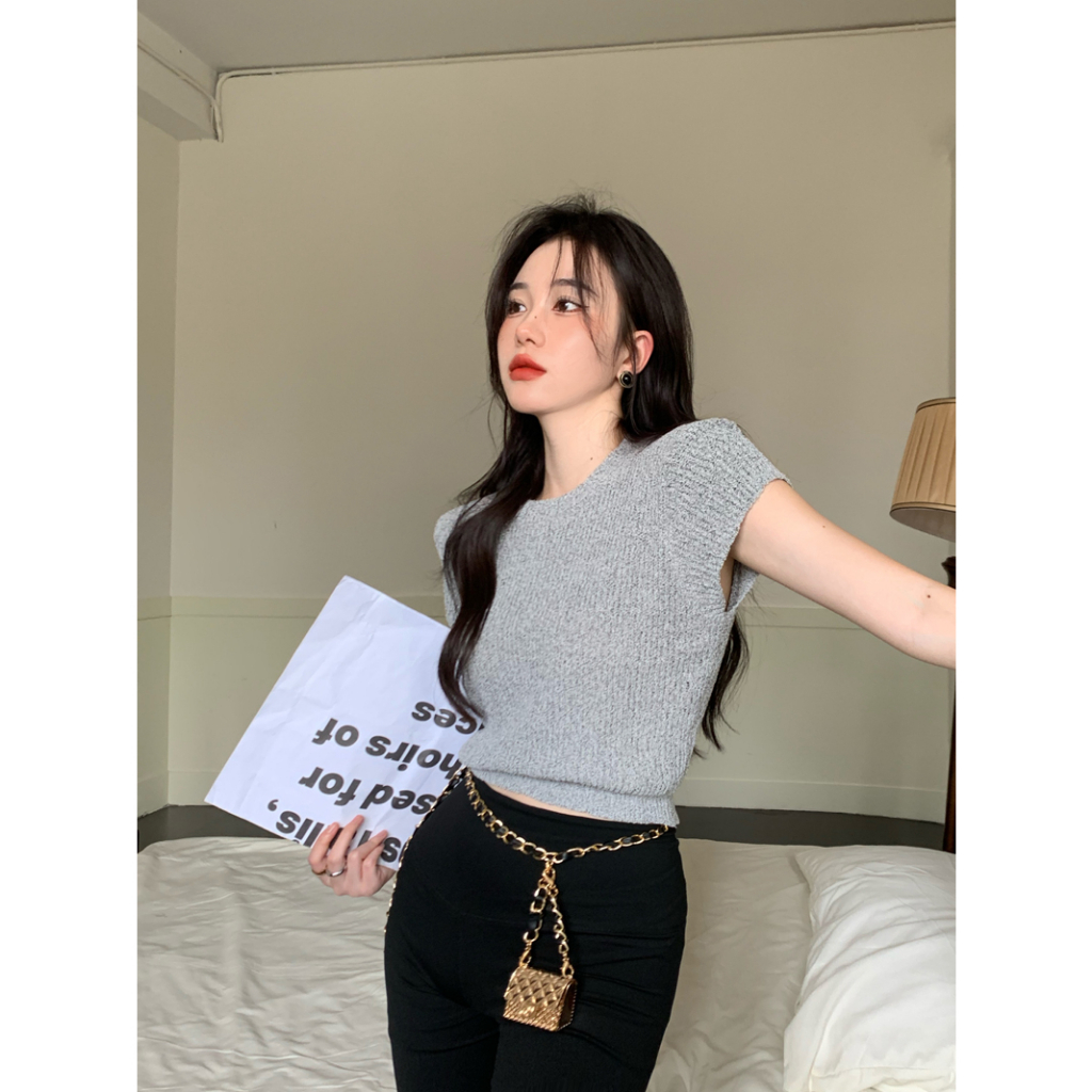Lalisas Áo Thun Tay Ngắn Dệt Kim Màu Trơn Đơn Giản Thời Trang Hàn Quốc Cho Nữ
