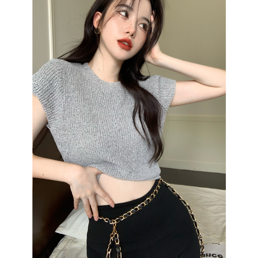 Lalisas Áo Thun Tay Ngắn Dệt Kim Màu Trơn Đơn Giản Thời Trang Hàn Quốc Cho Nữ