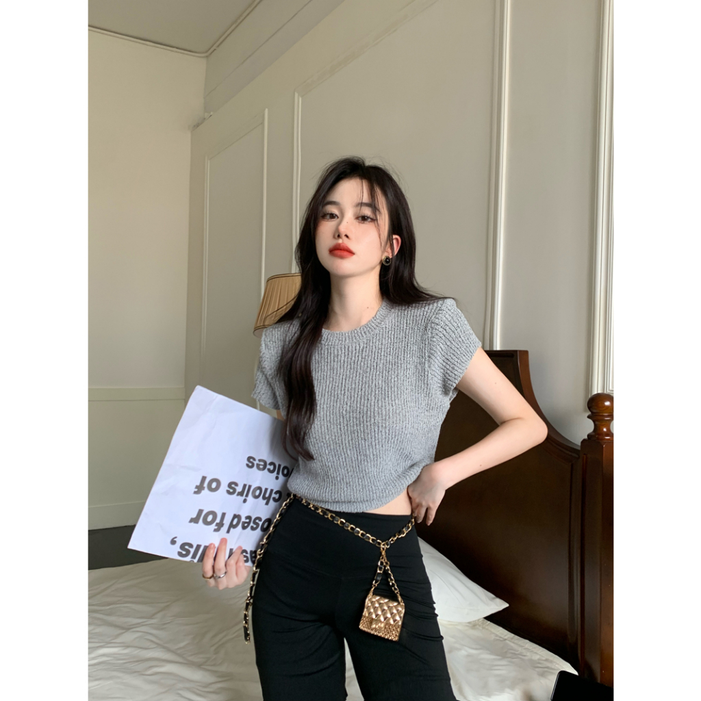 Lalisas Áo Thun Tay Ngắn Dệt Kim Màu Trơn Đơn Giản Thời Trang Hàn Quốc Cho Nữ