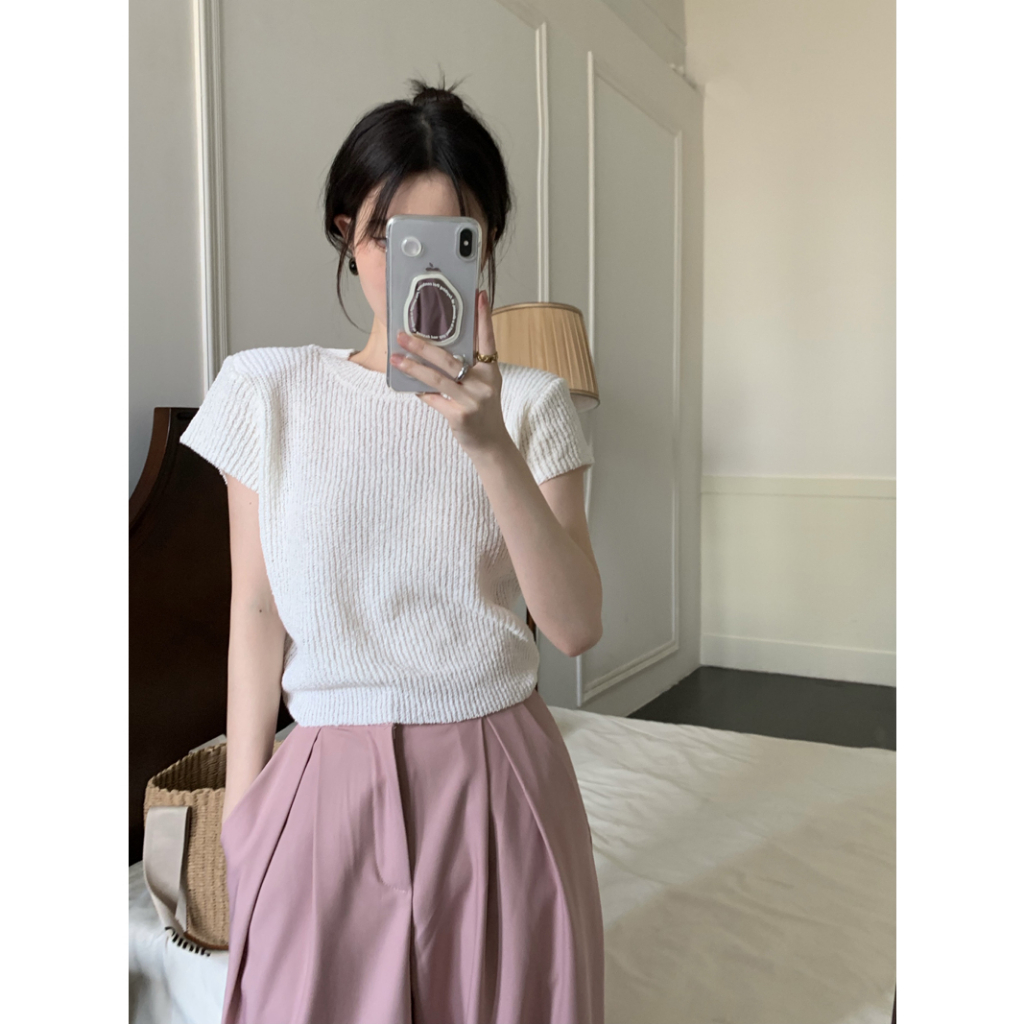 Lalisas Áo Thun Tay Ngắn Dệt Kim Màu Trơn Đơn Giản Thời Trang Hàn Quốc Cho Nữ