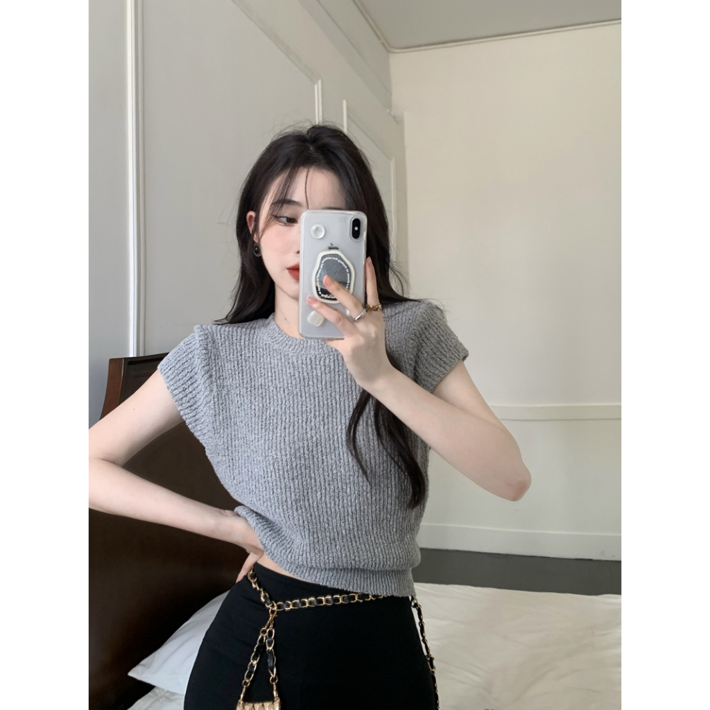 Lalisas Áo Thun Tay Ngắn Dệt Kim Màu Trơn Đơn Giản Thời Trang Hàn Quốc Cho Nữ