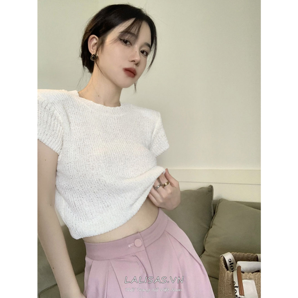 Lalisas Áo Thun Tay Ngắn Dệt Kim Màu Trơn Đơn Giản Thời Trang Hàn Quốc Cho Nữ