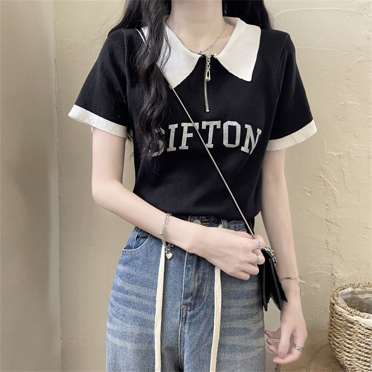 ZHELIHANGFEI Áo len dệt kim POLO cổ áo ngắn tay eo cao gợi cảm