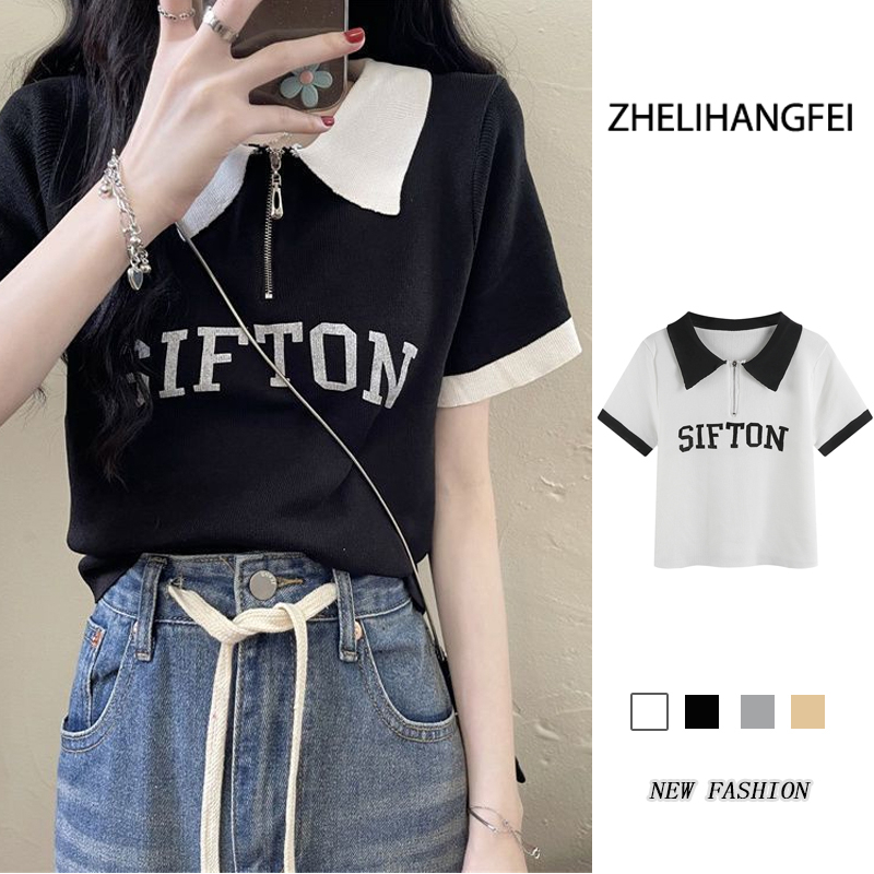 ZHELIHANGFEI Áo len dệt kim POLO cổ áo ngắn tay eo cao gợi cảm