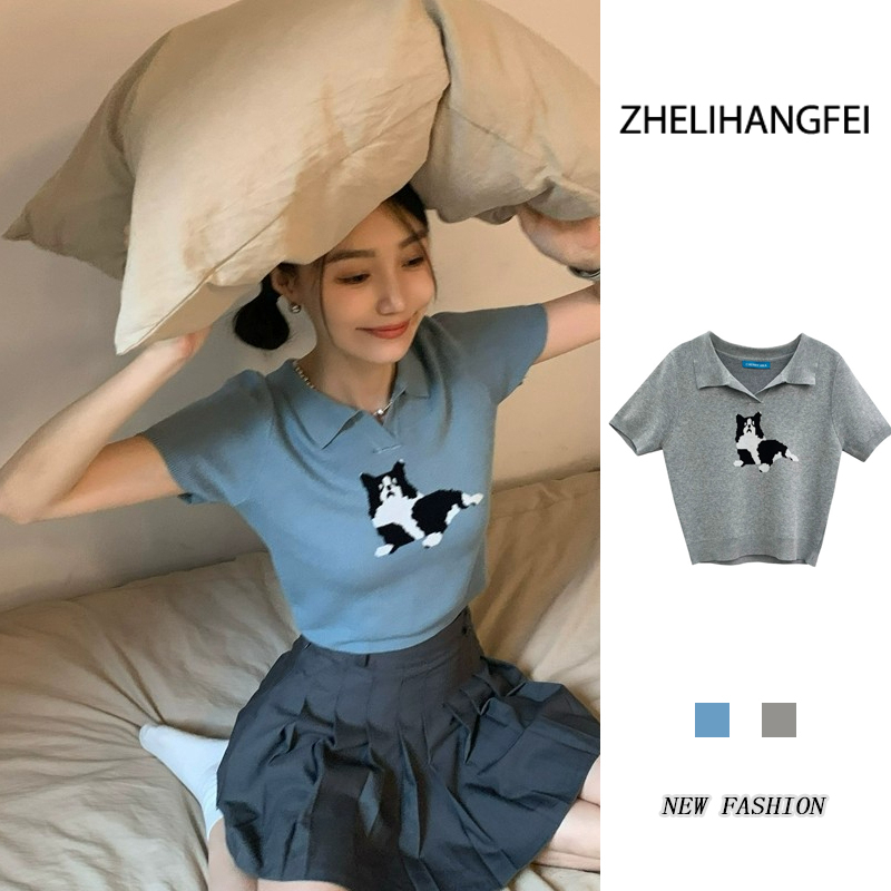 ZHELIHANGFEI Áo Sweater Tay Ngắn Cổ POLO Lưng Cao Thiết Kế Trẻ Trung Cho Nữ