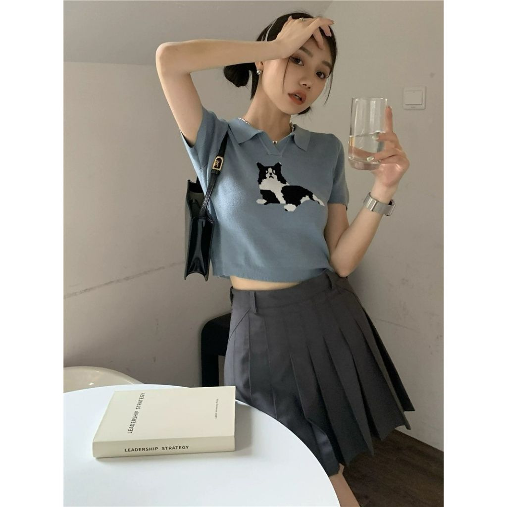 ZHELIHANGFEI Áo Sweater Tay Ngắn Cổ POLO Lưng Cao Thiết Kế Trẻ Trung Cho Nữ