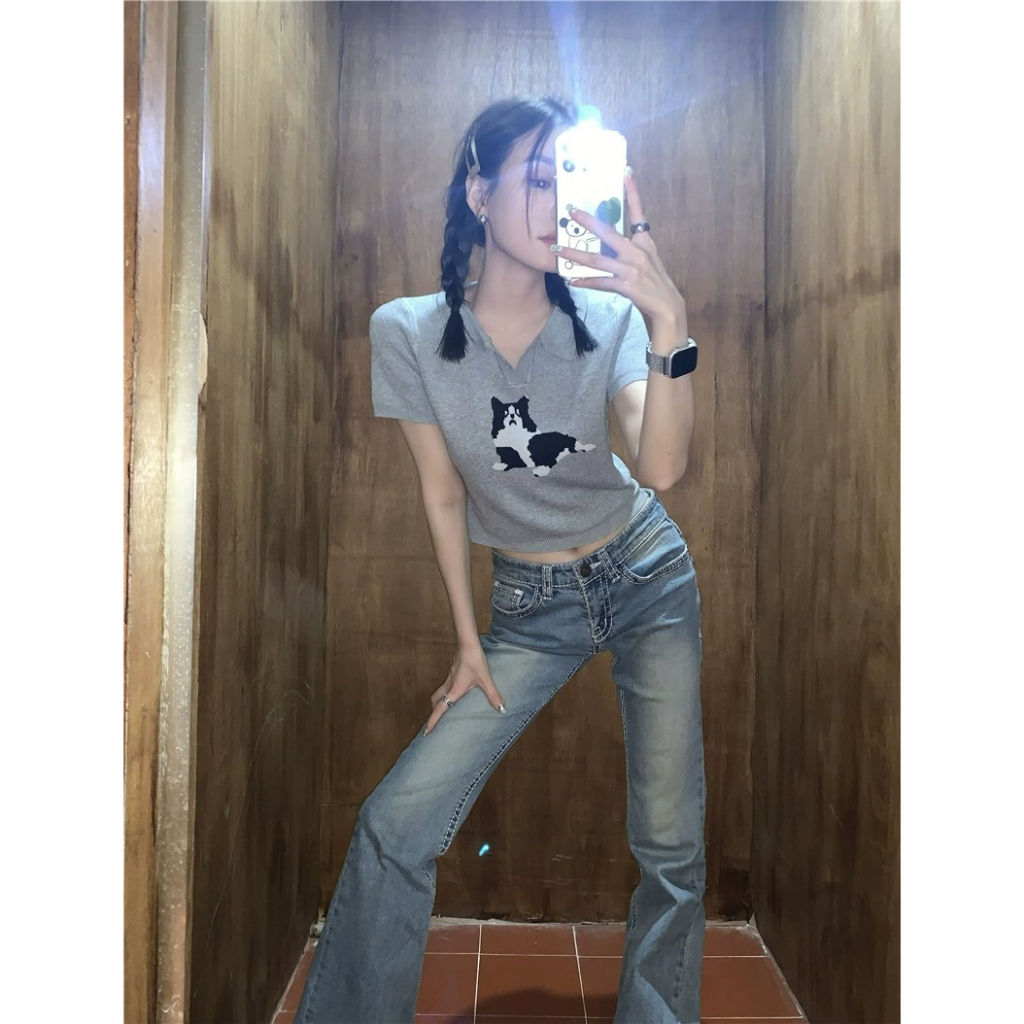 ZHELIHANGFEI Áo Sweater Tay Ngắn Cổ POLO Lưng Cao Thiết Kế Trẻ Trung Cho Nữ