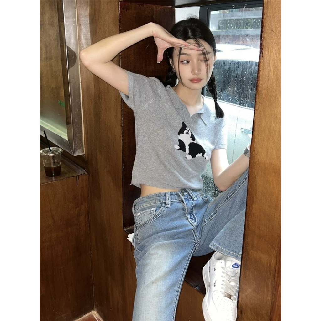 ZHELIHANGFEI Áo Sweater Tay Ngắn Cổ POLO Lưng Cao Thiết Kế Trẻ Trung Cho Nữ