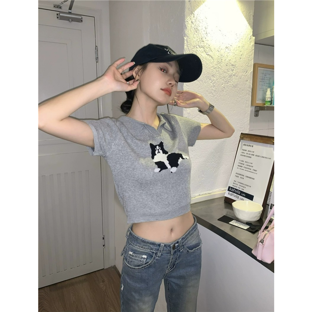 ZHELIHANGFEI Áo Sweater Tay Ngắn Cổ POLO Lưng Cao Thiết Kế Trẻ Trung Cho Nữ