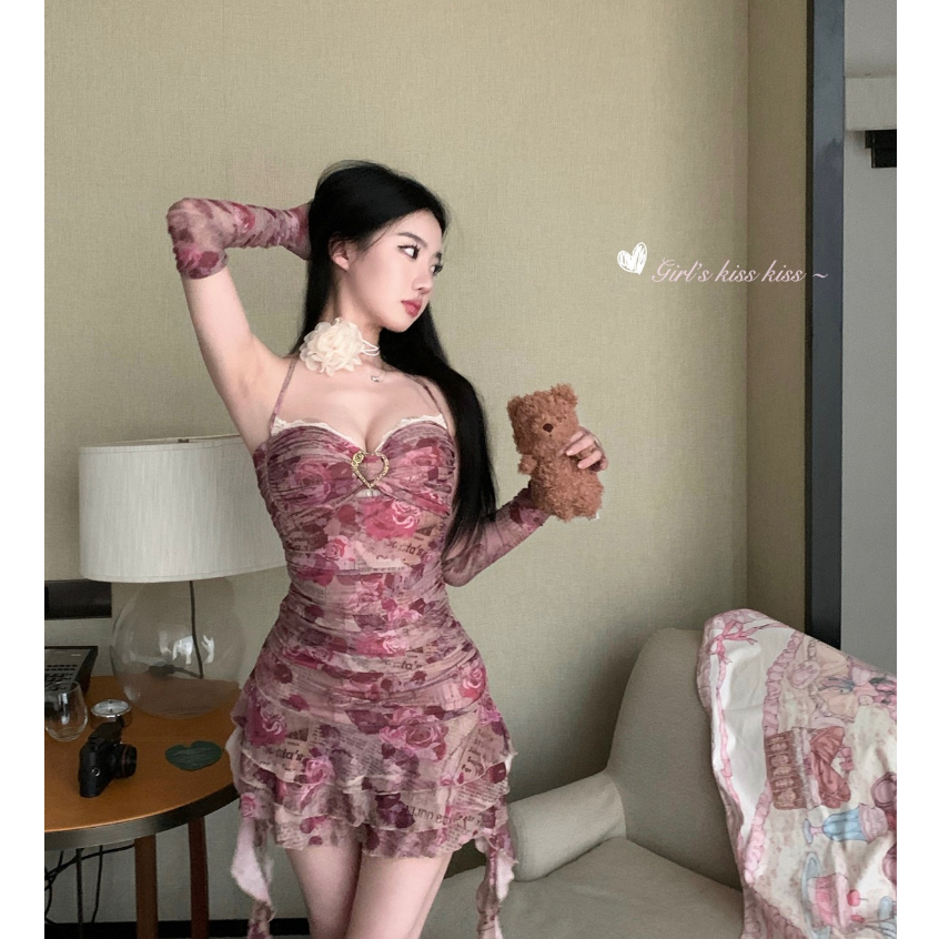 Đầm Lưới Mùa Hè Hai Dây Dáng Ngắn Phối Bèo Nhún Phong Cách Pháp Thiết Kế Mới Cho Nữ