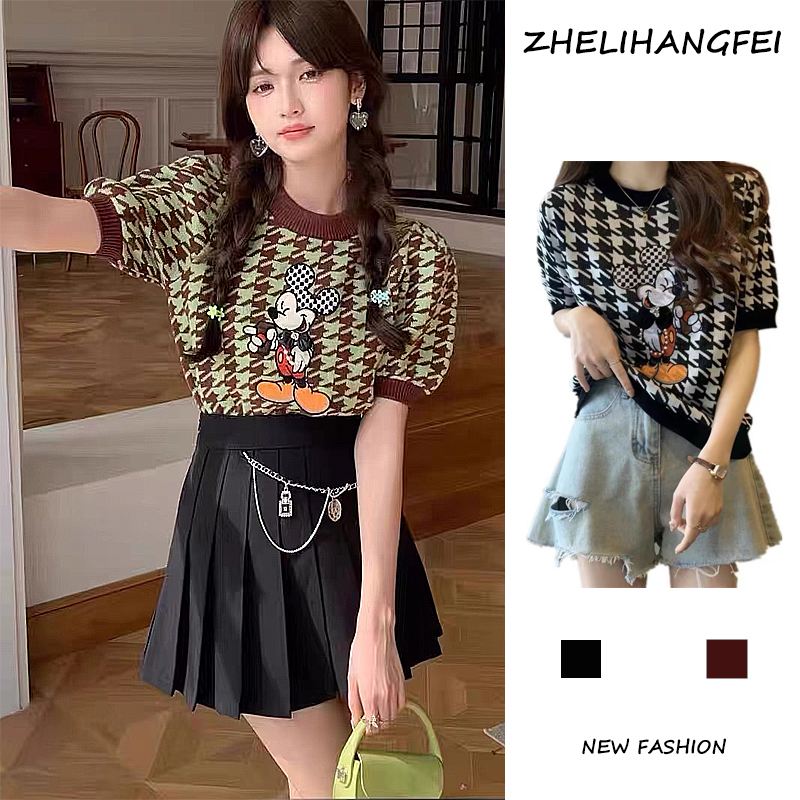 ZHELIHANGFEI Áo len dệt kim cổ tròn tay áo cạp cao gợi cảm và cá tính cay