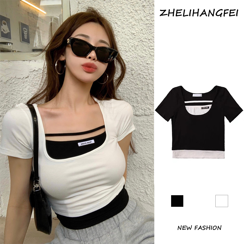 ZHELIHANGFEI Áo Thun Ngắn Tay Giả Hai Lớp Thời Trang Dành Cho Nữ