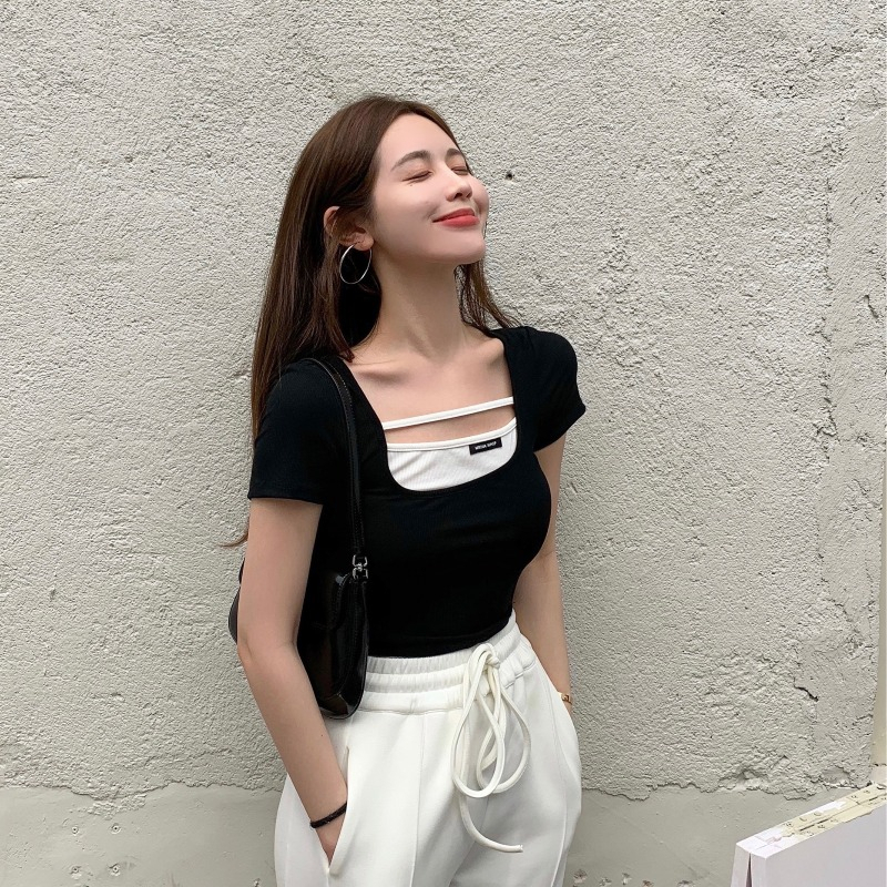 ZHELIHANGFEI Áo Thun Ngắn Tay Giả Hai Lớp Thời Trang Dành Cho Nữ