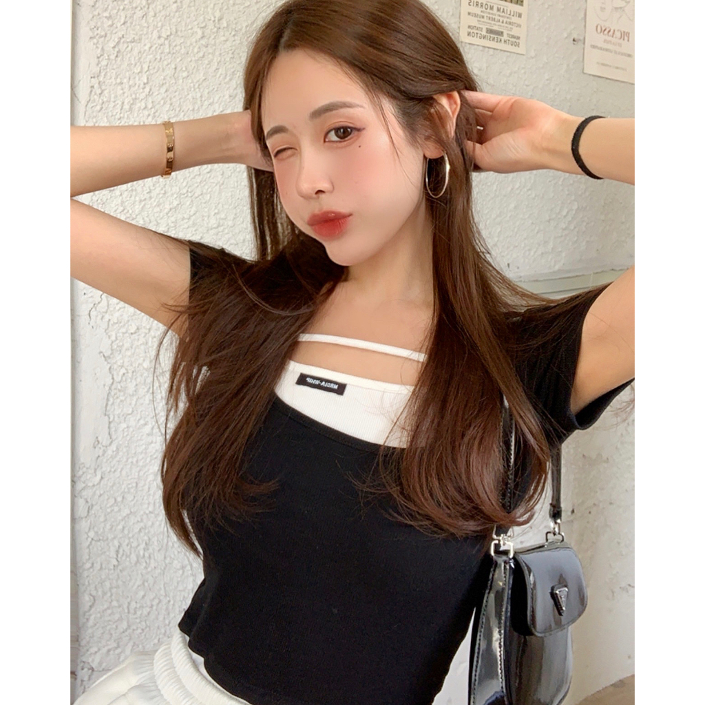 ZHELIHANGFEI Áo Thun Ngắn Tay Giả Hai Lớp Thời Trang Dành Cho Nữ