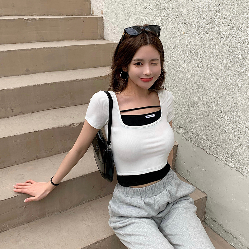 ZHELIHANGFEI Áo Thun Ngắn Tay Giả Hai Lớp Thời Trang Dành Cho Nữ