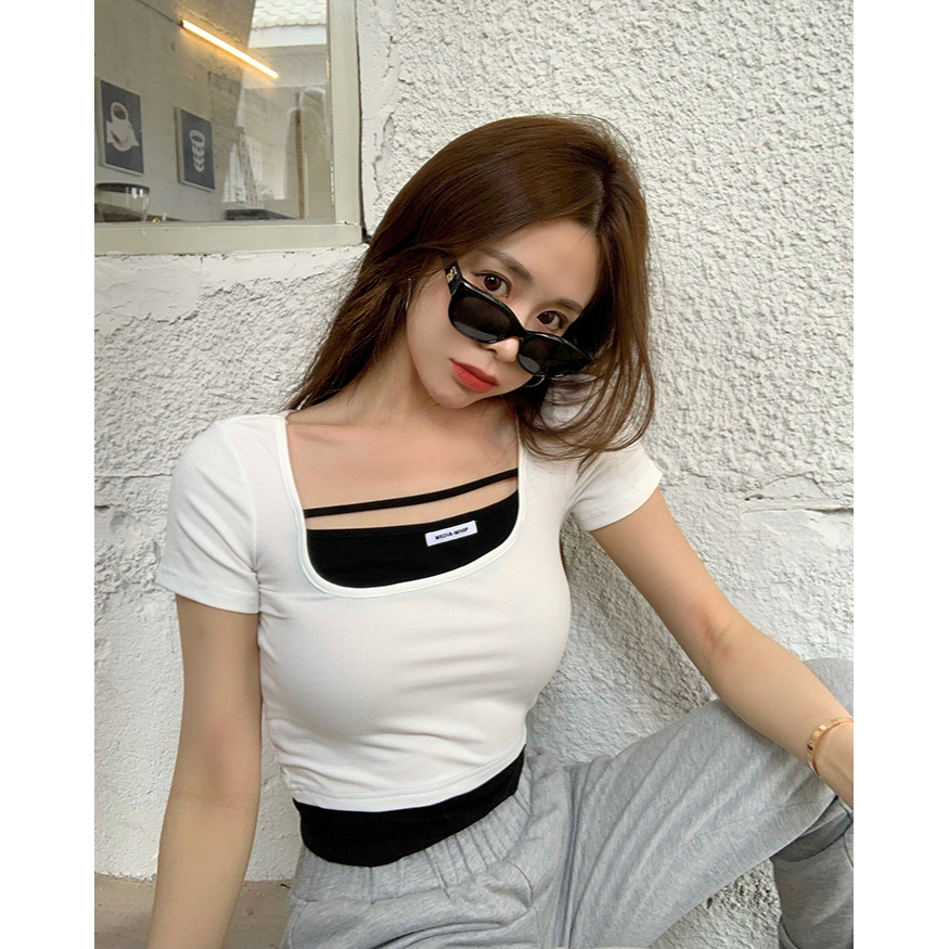 ZHELIHANGFEI Áo Thun Ngắn Tay Giả Hai Lớp Thời Trang Dành Cho Nữ