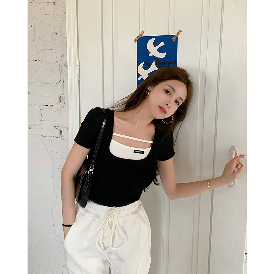 ZHELIHANGFEI Áo Thun Ngắn Tay Giả Hai Lớp Thời Trang Dành Cho Nữ