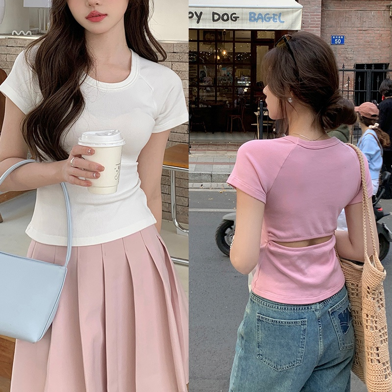 Áo Thun Dáng Ôm Cổ Tròn Ngắn Tay Khoét Lưng Thời Trang Cá Tính 61815