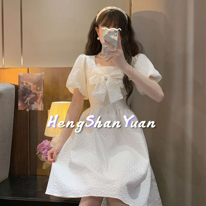 Đầm Trắng Cổ Vuông Đính Nơ Phong Cách Pháp Thời Trang Cao Cấp Cho Nữ