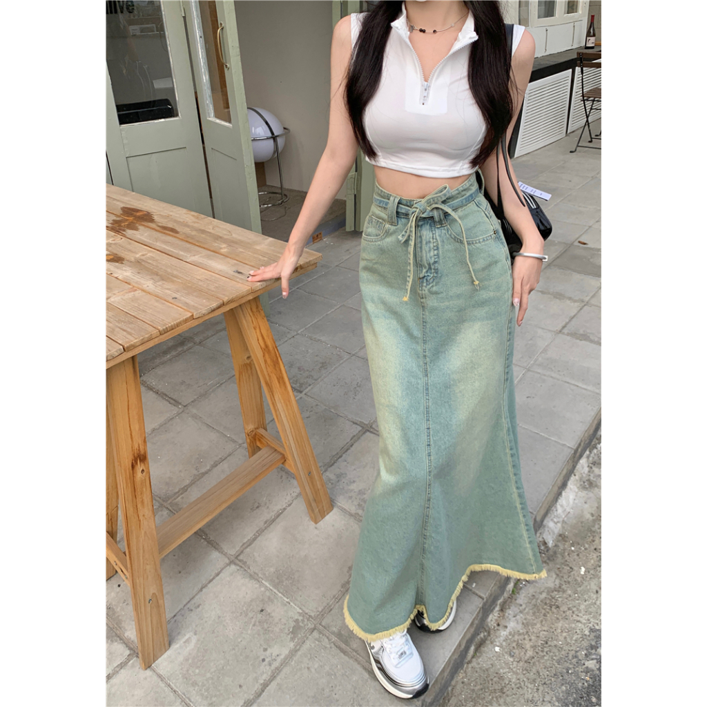「MOTEL7」Chân Váy Denim Đuôi Cá Dài Lưng Cao Viền Lông Phong Cách Retro Dễ Phối Đồ